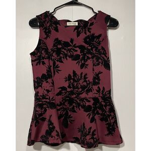 Faith & Joy Top womens Small Peblum Raised Velvet Maroon Black‎ Scalloped Neck